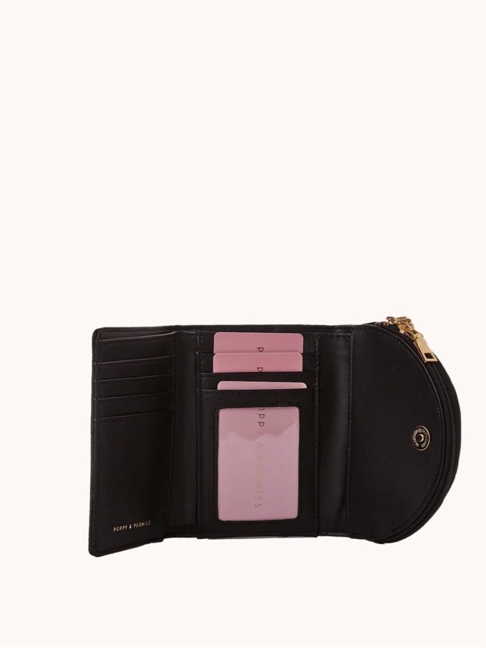 Poppy & Peonies Black Pebbled Leather Mini Wallet with Gold Hardware - Picture 4 of 4